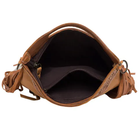 The Design Edge Cali Tooling Leather Sling Bag with Fringes - Tan and White - AB04
