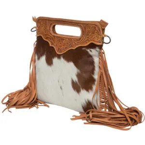 The Design Edge Cali Tooling Leather Sling Bag with Fringes - Tan and White - AB04