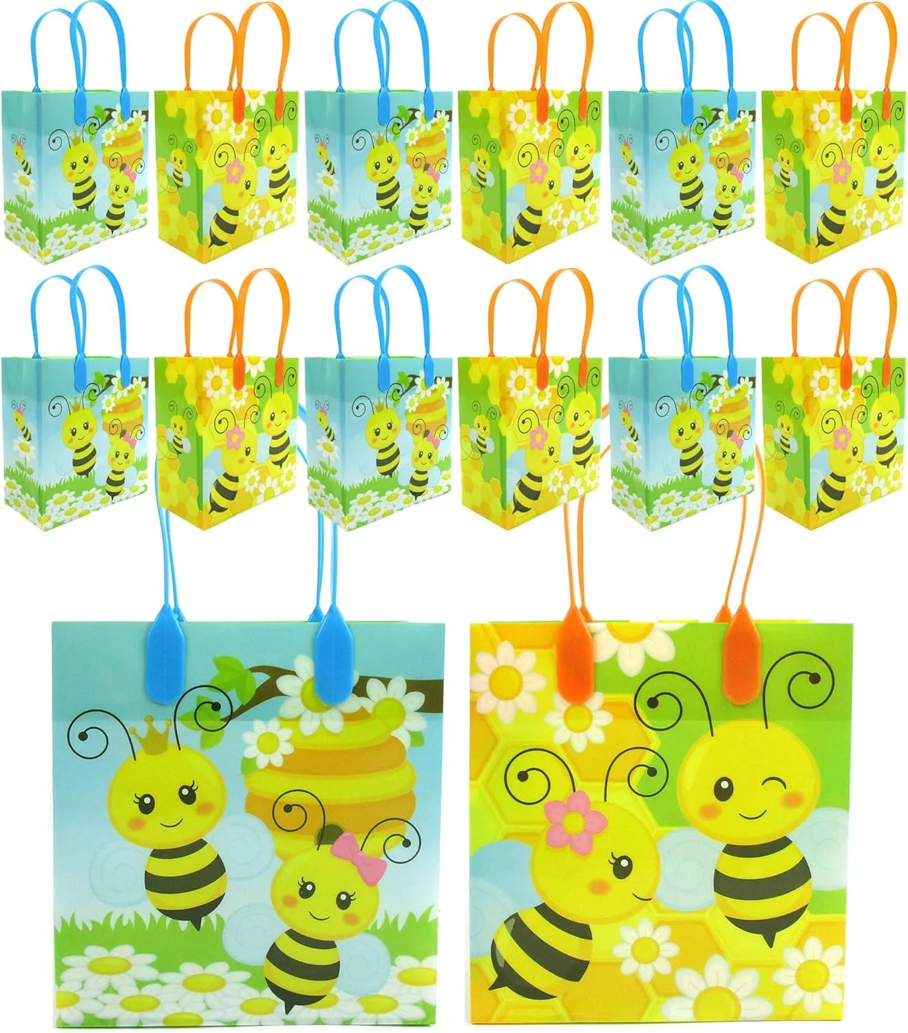 TINYMILLS Honey Bees Party Favor Treat Bags - Honey Bees Bumblebees Goody Bags with Handles for Birthday Party Baby Shower, Pack of 12