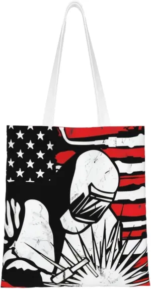 Tote Bags Sparks Fly When Welding American Flag Canvas Tote Bag Reusable Grocery Bags Shopping Bags, Black