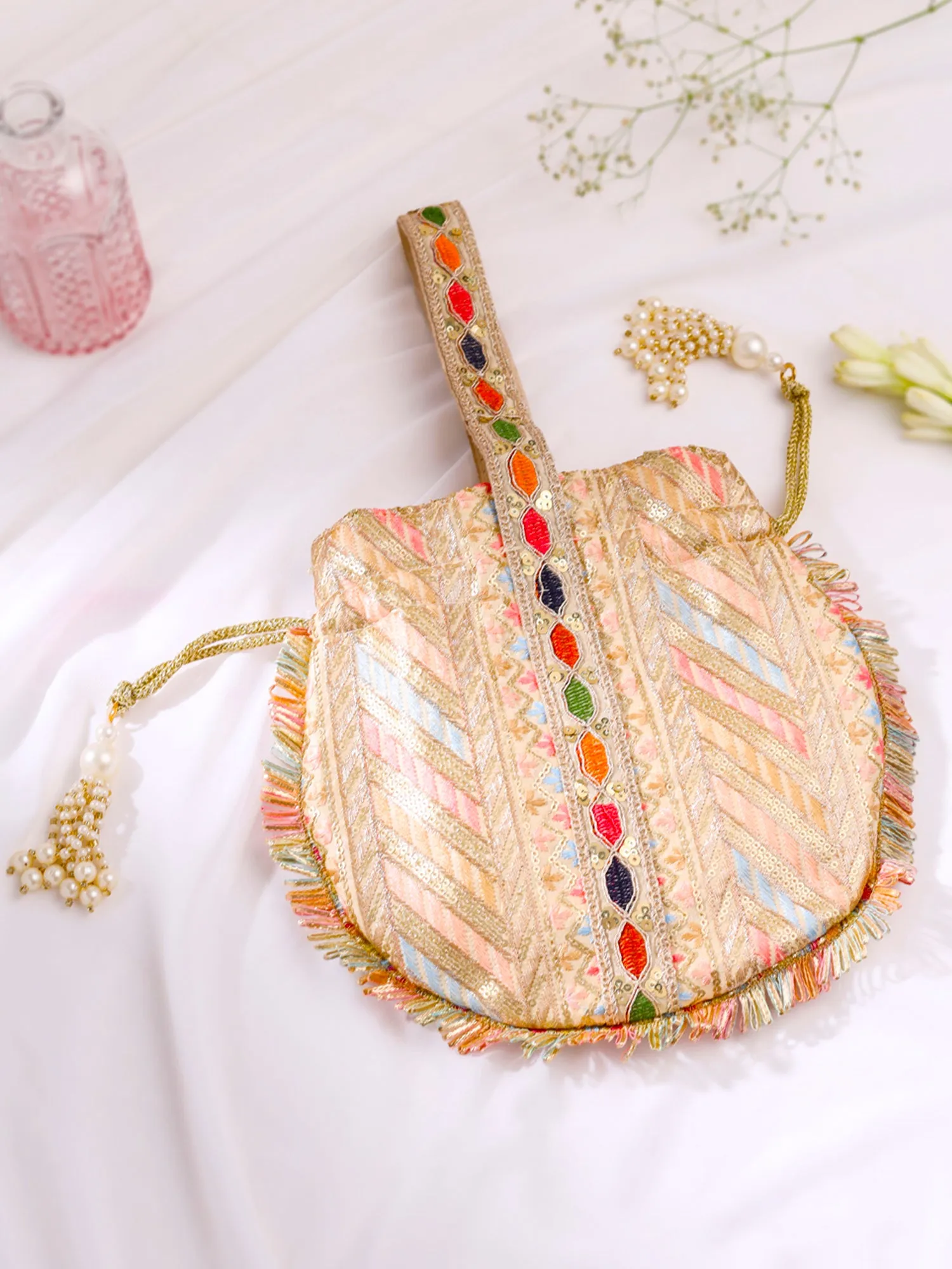 Traditional Potli Bags: Handcrafted Silk with Intricate Embroidery | 20x20 cm | Multicolor