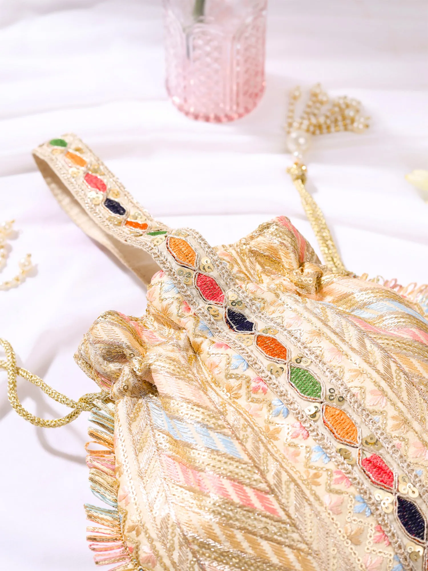 Traditional Potli Bags: Handcrafted Silk with Intricate Embroidery | 20x20 cm | Multicolor