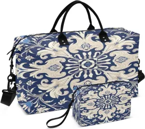 Travel Duffel Bag Large Weekender Overnight Bags for Women Men, Vintage Ornamental Floral Gym Bag with Toiletry Bag
