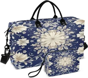 Travel Duffel Bag Large Weekender Overnight Bags for Women Men, Vintage Ornamental Floral Gym Bag with Toiletry Bag