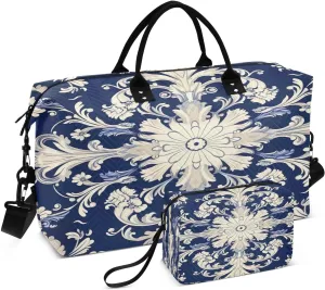 Travel Duffel Bag Large Weekender Overnight Bags for Women Men, Vintage Ornamental Floral Gym Bag with Toiletry Bag