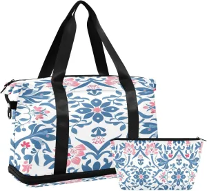 Travel Duffel Bag Ornamental Floral Pattern Gym Duffel Bag for Men & Women with Shoe & Wet Compartment Shoulder Weekender Overnight Bag