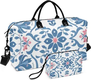 Travel Duffle Bag, Ornamental Floral Pattern Gym Bag with Storage Bag Weekender Overnight Bag for Men Women Trip Sports Yoga