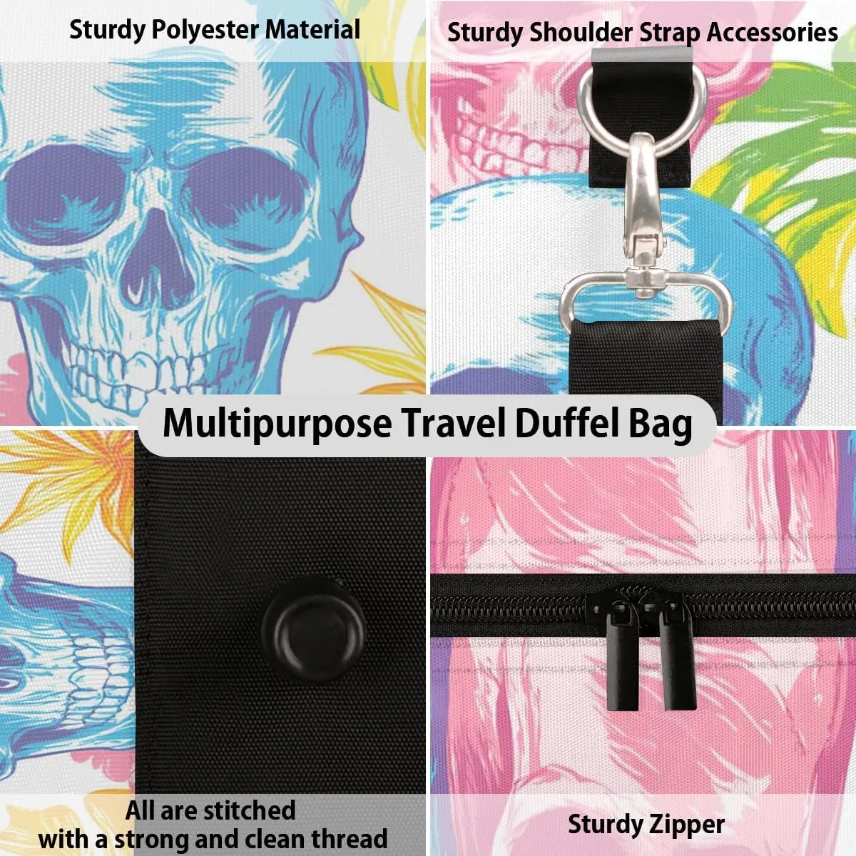 Travel Duffle Bag Palm Leaves Skull Gym Bags for Men Women Travel Duffel Bags with Adjustable Shoulder Strap Carry On Weekender Bag