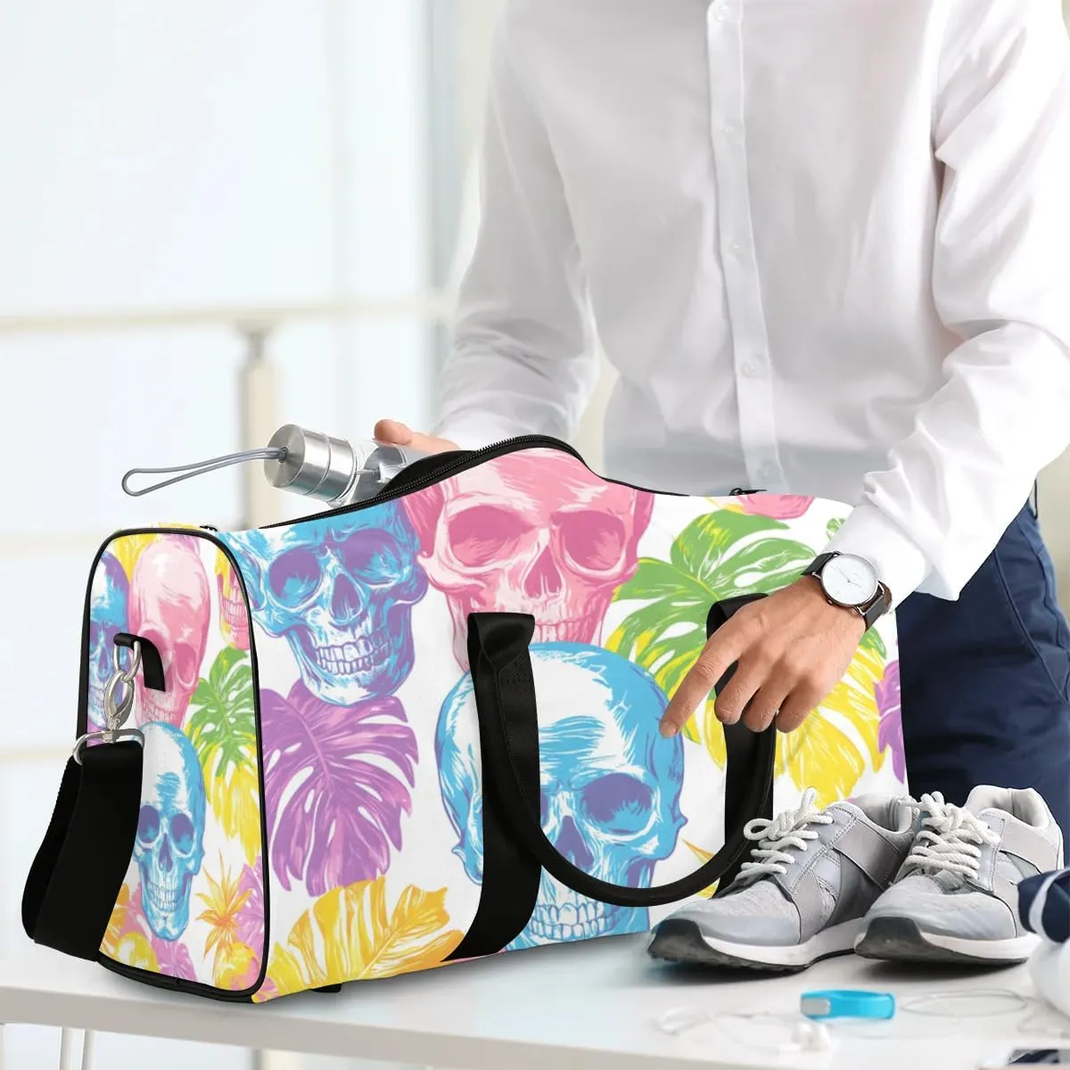 Travel Duffle Bag Palm Leaves Skull Gym Bags for Men Women Travel Duffel Bags with Adjustable Shoulder Strap Carry On Weekender Bag