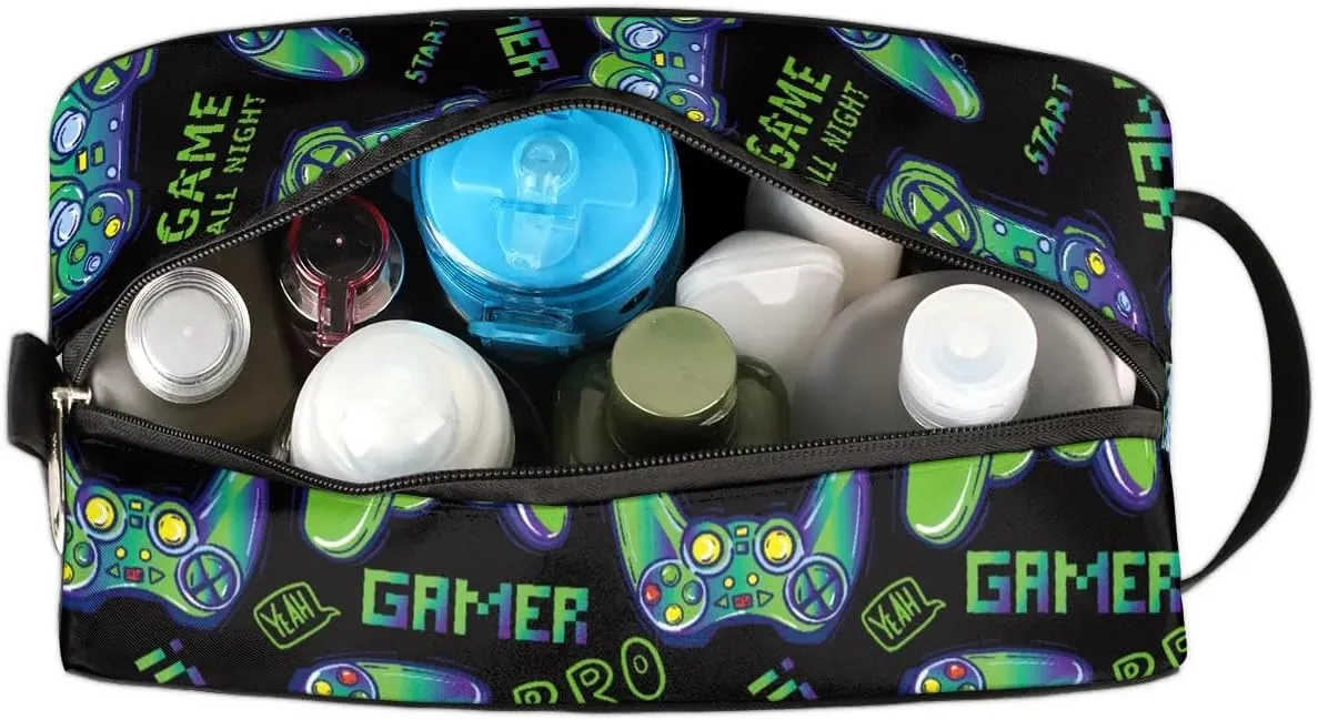 Travel Toiletry Bag for Boys Kids, Waterproof Hanging Dopp Kit for Men, Shaving Bag with Large Capacity for Travel, Sports, Shower (Blue Video Game)