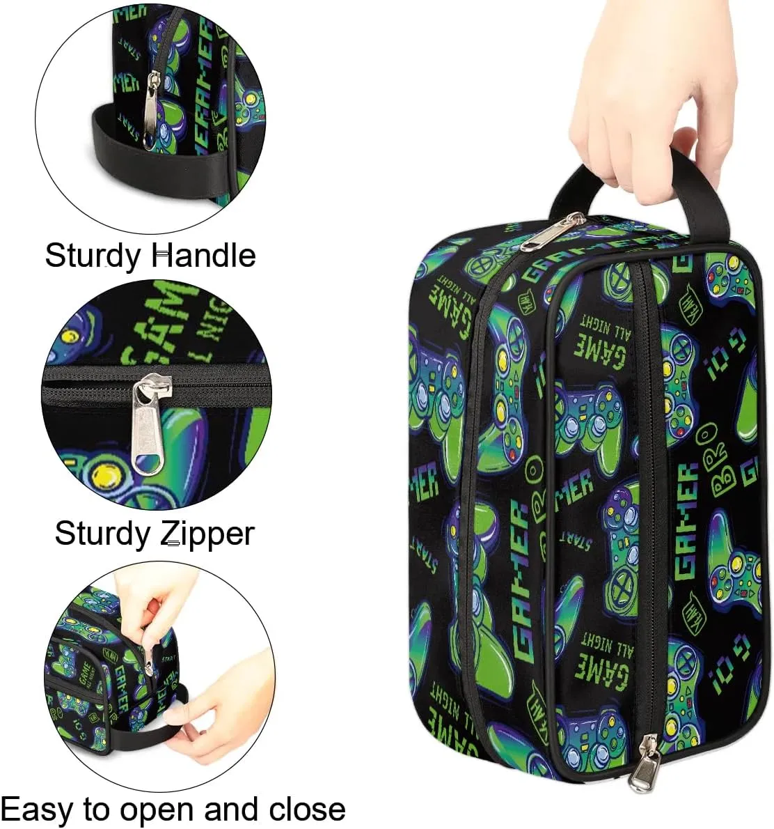 Travel Toiletry Bag for Boys Kids, Waterproof Hanging Dopp Kit for Men, Shaving Bag with Large Capacity for Travel, Sports, Shower (Blue Video Game)