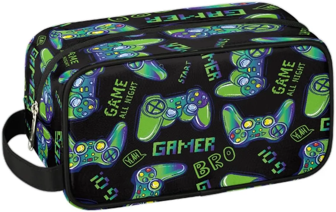 Travel Toiletry Bag for Boys Kids, Waterproof Hanging Dopp Kit for Men, Shaving Bag with Large Capacity for Travel, Sports, Shower (Blue Video Game)