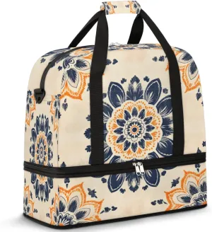 Travel Weekend Bag Ethnic Sports Tote Gym Bags for Women Men, Ornamental Round Floral Shoulder Weekender Overnight Bag with Shoes