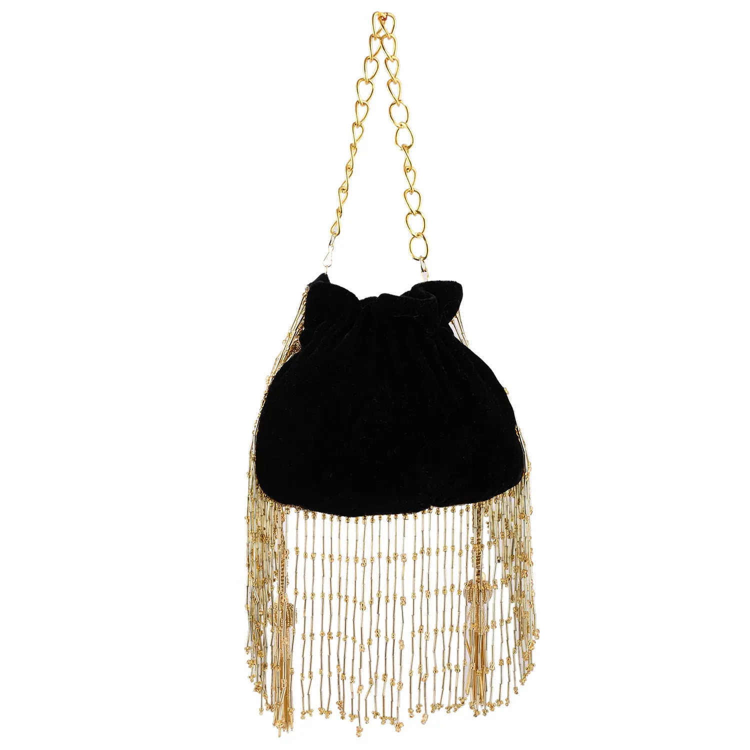 Trendy Bags Multicolored Sequins Embellished Tasseled Black Potli
