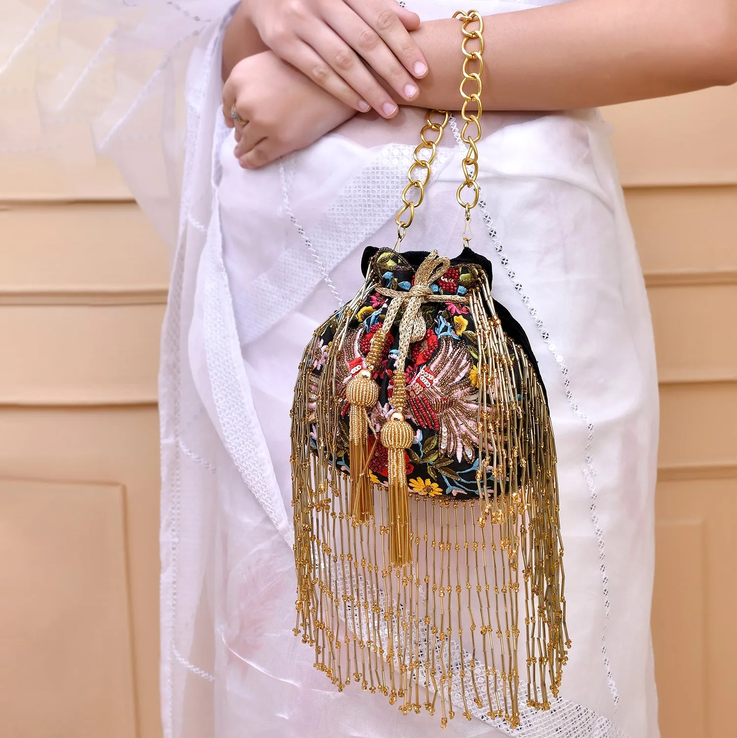 Trendy Bags Multicolored Sequins Embellished Tasseled Black Potli