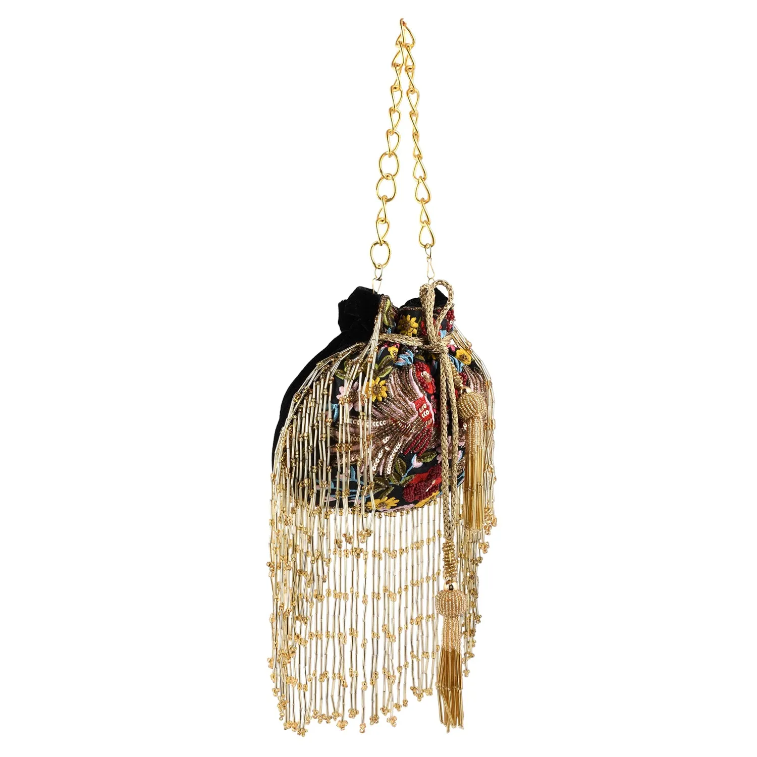 Trendy Bags Multicolored Sequins Embellished Tasseled Black Potli
