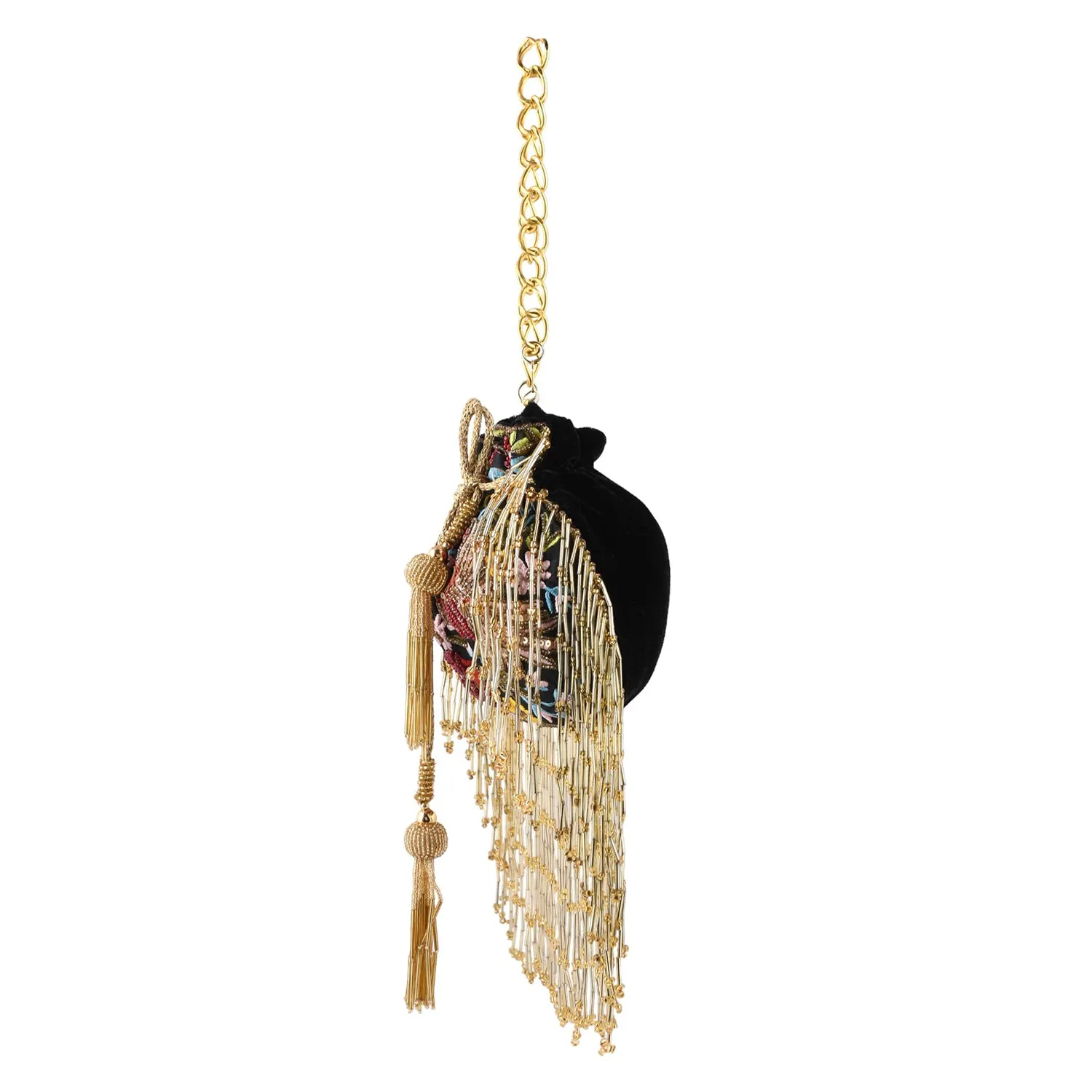 Trendy Bags Multicolored Sequins Embellished Tasseled Black Potli
