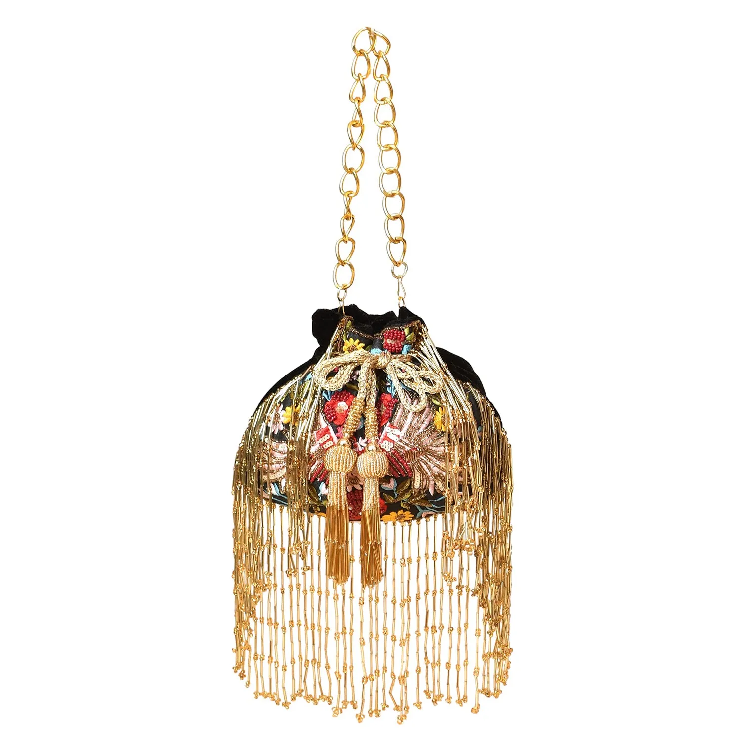 Trendy Bags Multicolored Sequins Embellished Tasseled Black Potli