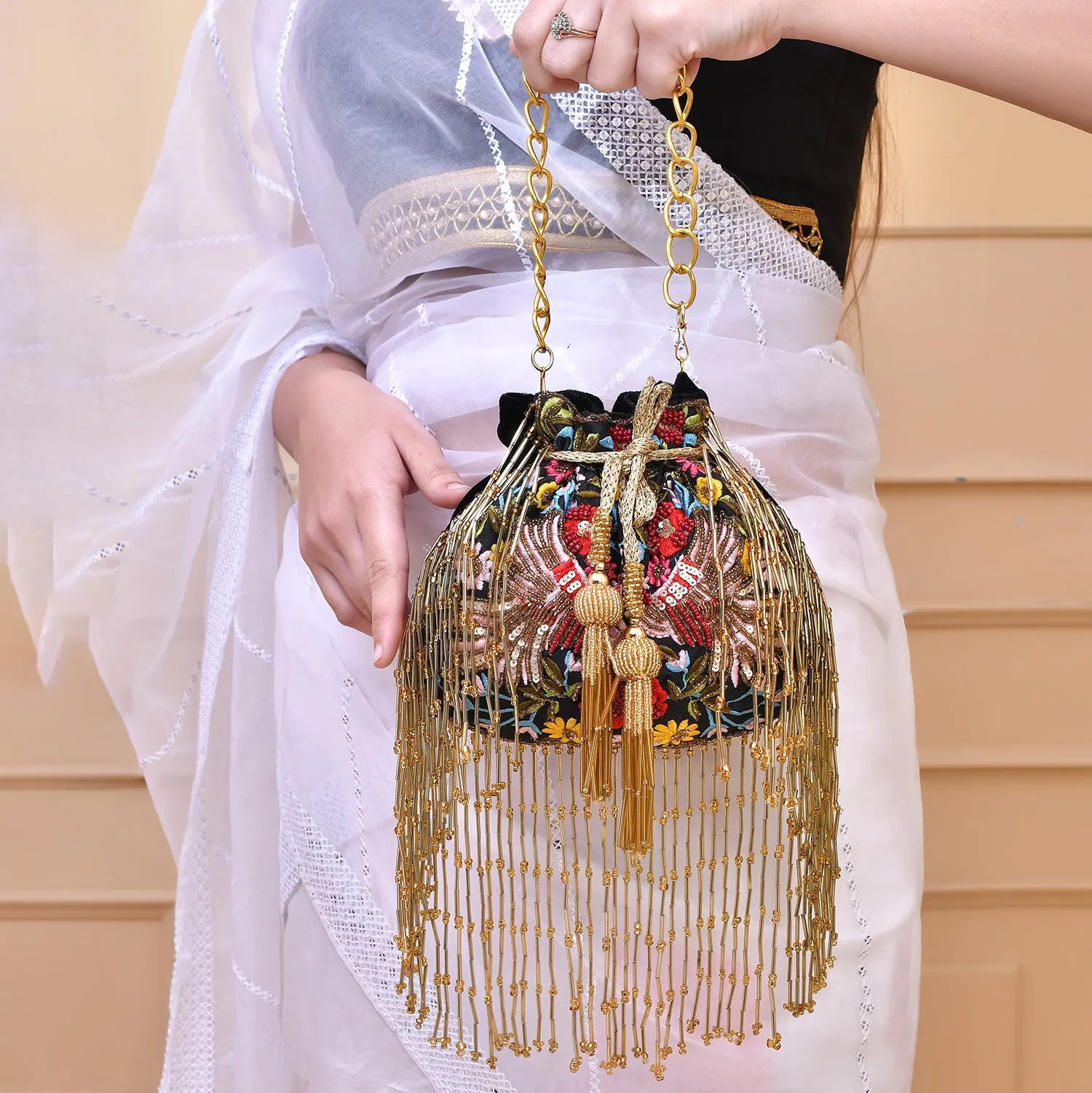 Trendy Bags Multicolored Sequins Embellished Tasseled Black Potli