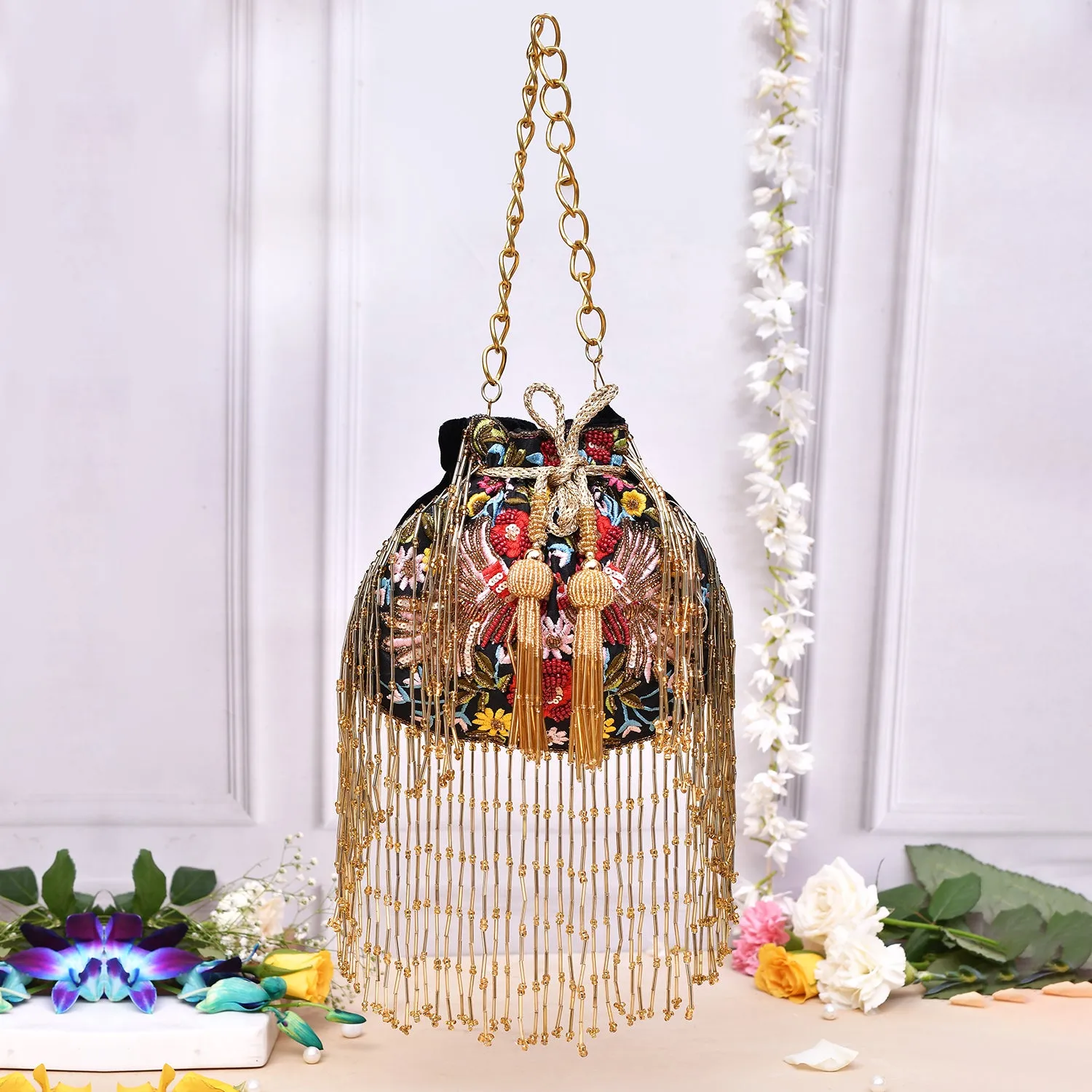 Trendy Bags Multicolored Sequins Embellished Tasseled Black Potli