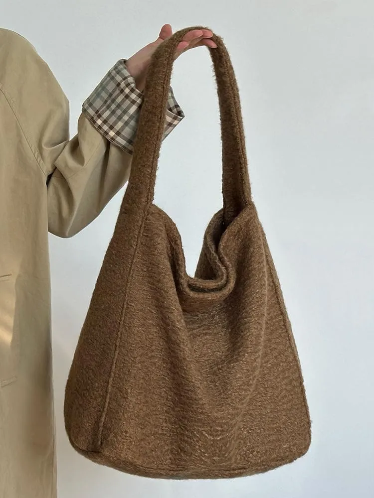 Trendy Slouchy Tote Bag for Women Soft Woolen Shoulder Handbags 2024 Winter Purses Casual Satchel Bags Travel Work 2PCS