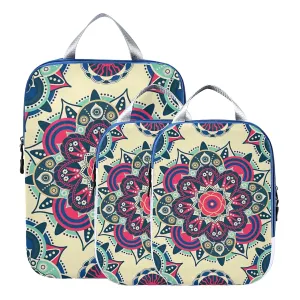 Tribal Ethnic Mandala Floral Flowers Abstract Ornamental Backdrop 3 Set Packing Cubes, Waterproof Check Oxford cloth Organizers, Travel Packing Toiletry Storage Bag