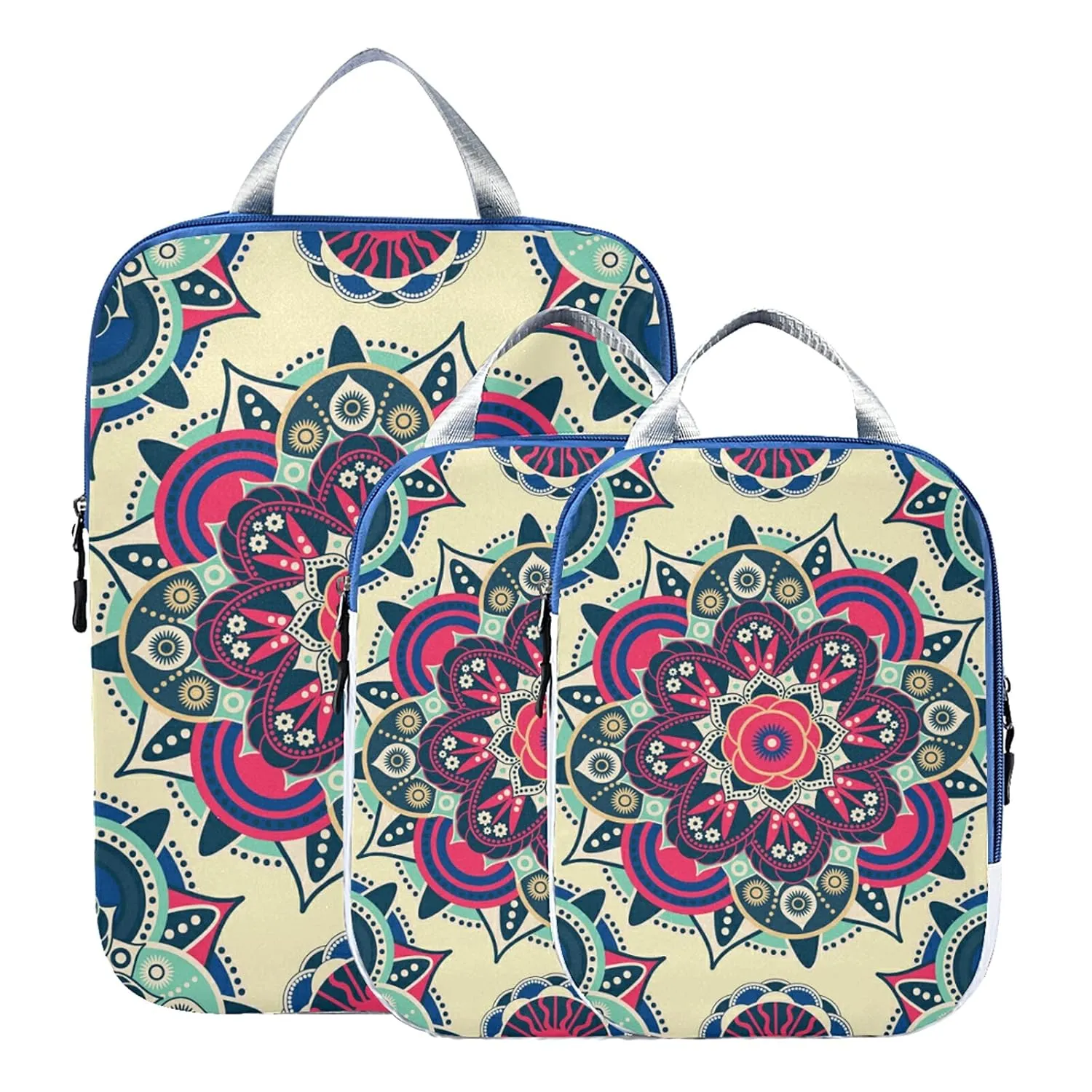 Tribal Ethnic Mandala Floral Flowers Abstract Ornamental Backdrop 3 Set Packing Cubes, Waterproof Check Oxford cloth Organizers, Travel Packing Toiletry Storage Bag