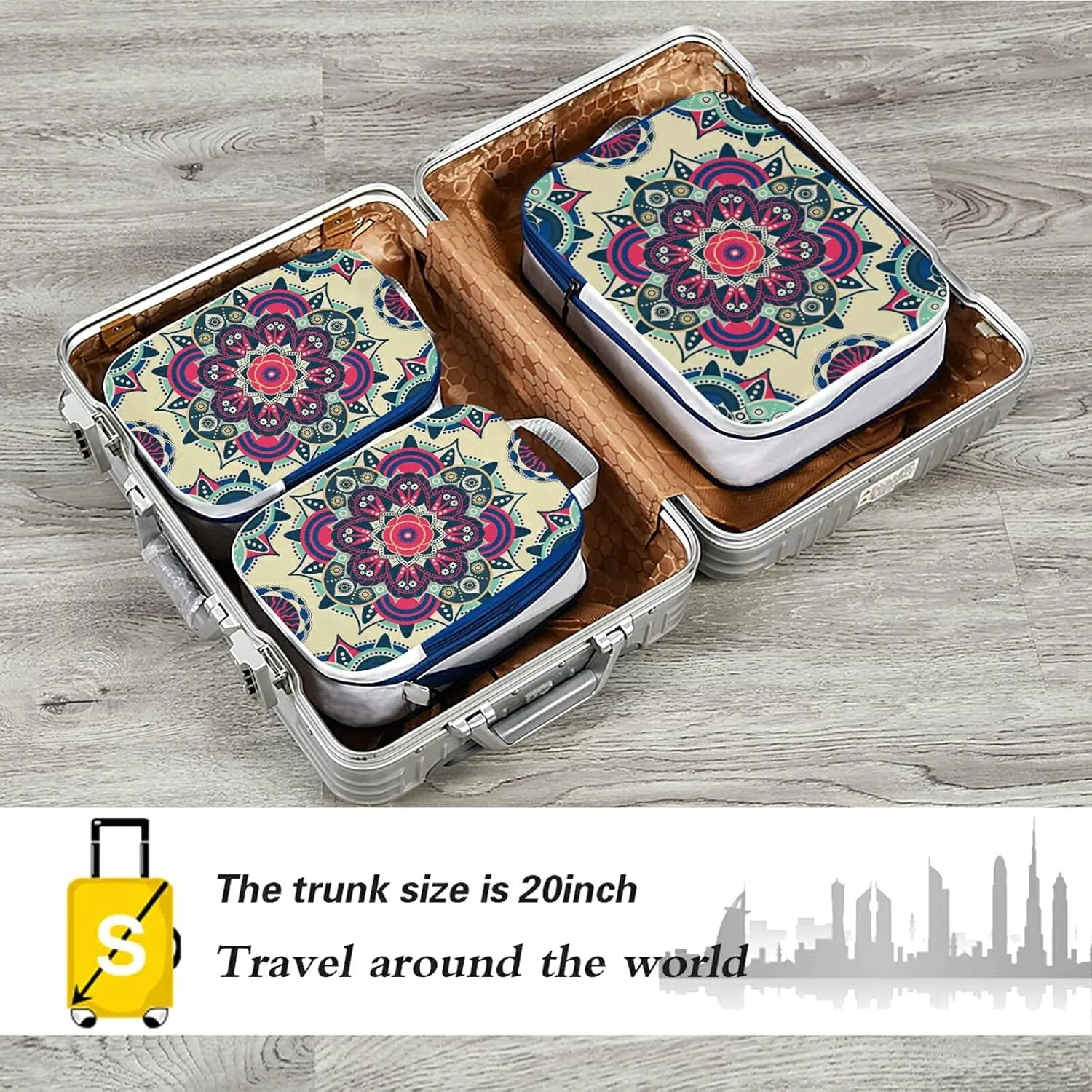 Tribal Ethnic Mandala Floral Flowers Abstract Ornamental Backdrop 3 Set Packing Cubes, Waterproof Check Oxford cloth Organizers, Travel Packing Toiletry Storage Bag