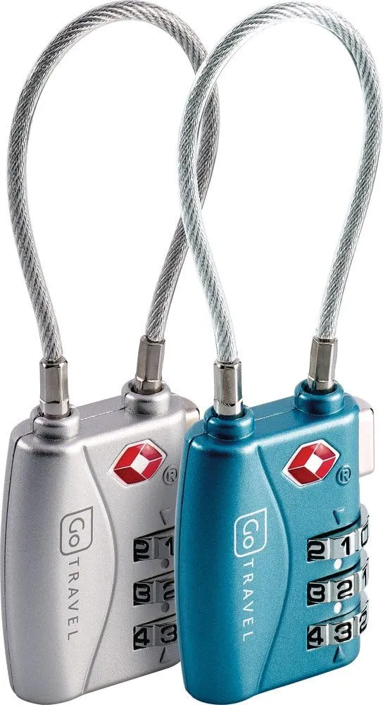 TSA Combi Cable Padlocks, 3-Dial Design Combination Lock, TSA Approved Locks for Luggage, Travel Essentials, Silver and Blue, Twin Pack