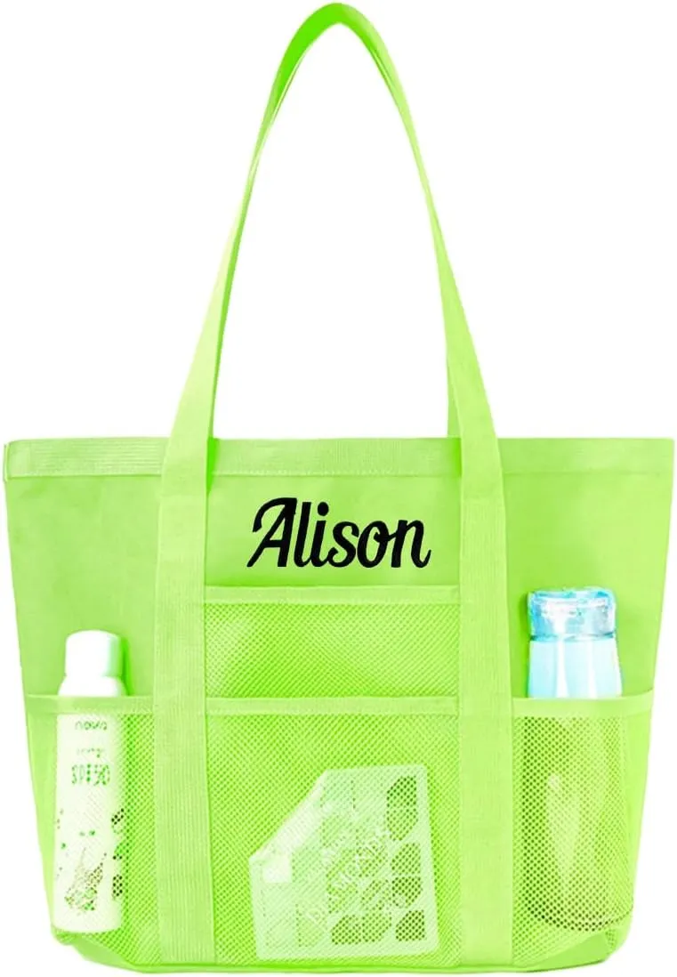 Ulico Personalized Beach Bag Embroidered Name,Custom Mesh Tote Bag for Women, Foldable Shoulder Bag for Swimming Pools Travel