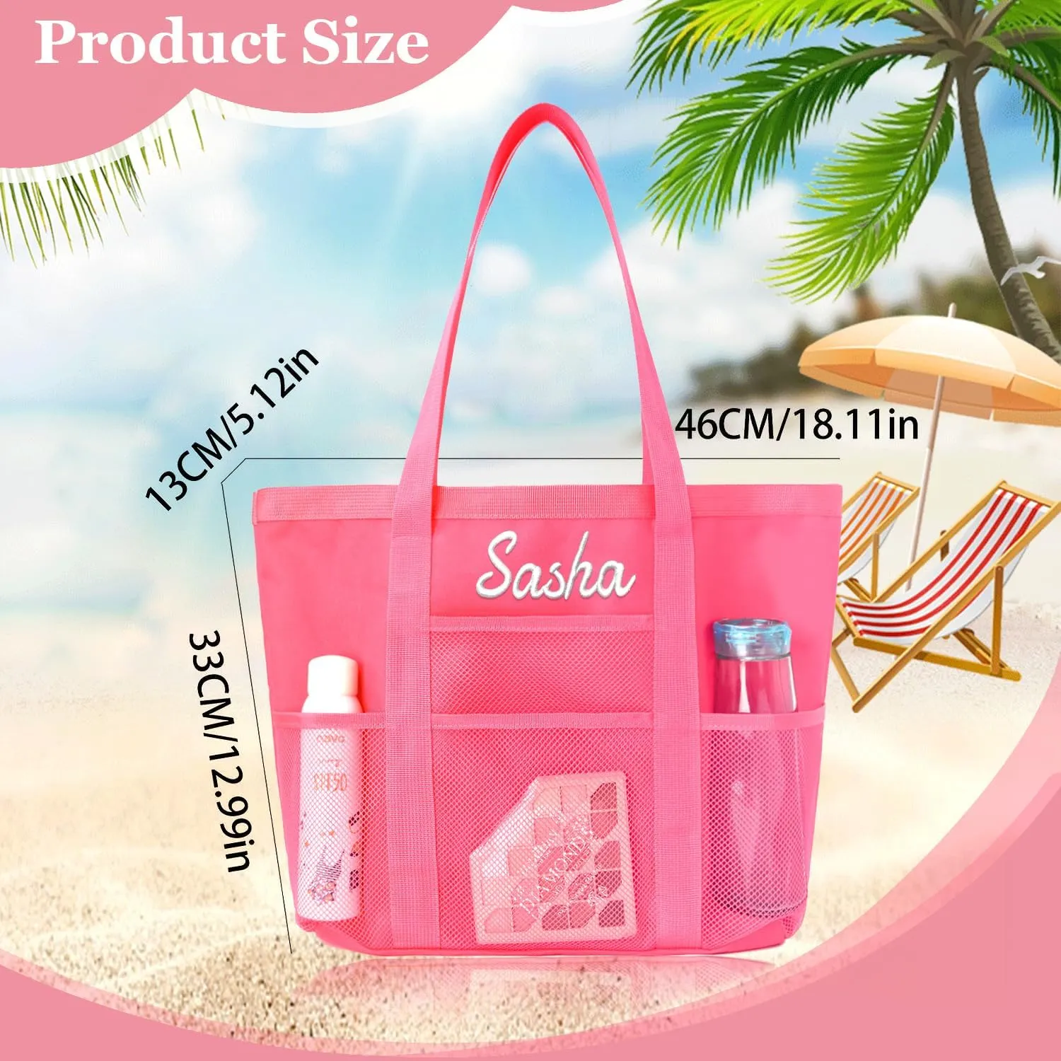 Ulico Personalized Beach Bag Embroidered Name,Custom Mesh Tote Bag for Women, Foldable Shoulder Bag for Swimming Pools Travel
