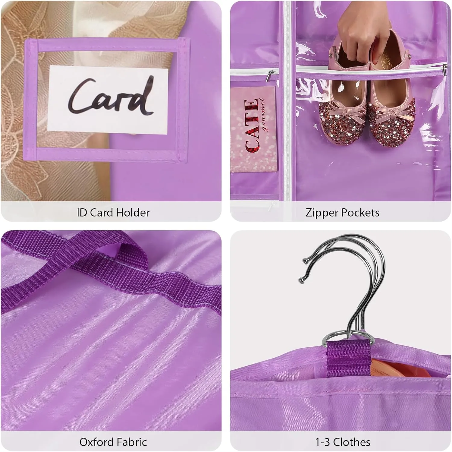 Univivi Dance Garment Bags for Dancers, 3" Gusseted Garment Bags for Dance Costumes with 5 Pockets, 40" Dance Garment Bag with Puppy Pattern for Dance Competitions and Travel (Purple)