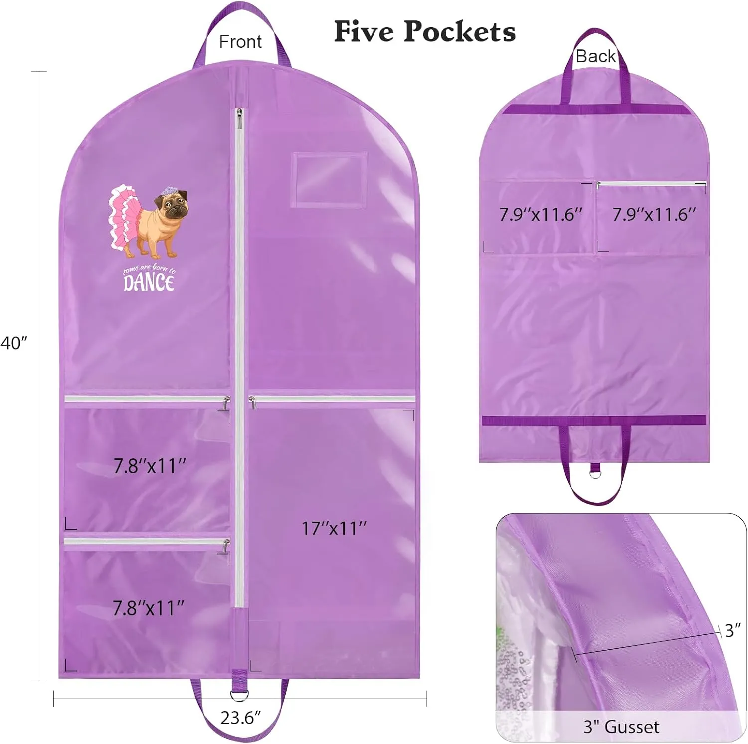 Univivi Dance Garment Bags for Dancers, 3" Gusseted Garment Bags for Dance Costumes with 5 Pockets, 40" Dance Garment Bag with Puppy Pattern for Dance Competitions and Travel (Purple)