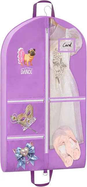 Univivi Dance Garment Bags for Dancers, 3" Gusseted Garment Bags for Dance Costumes with 5 Pockets, 40" Dance Garment Bag with Puppy Pattern for Dance Competitions and Travel (Purple)