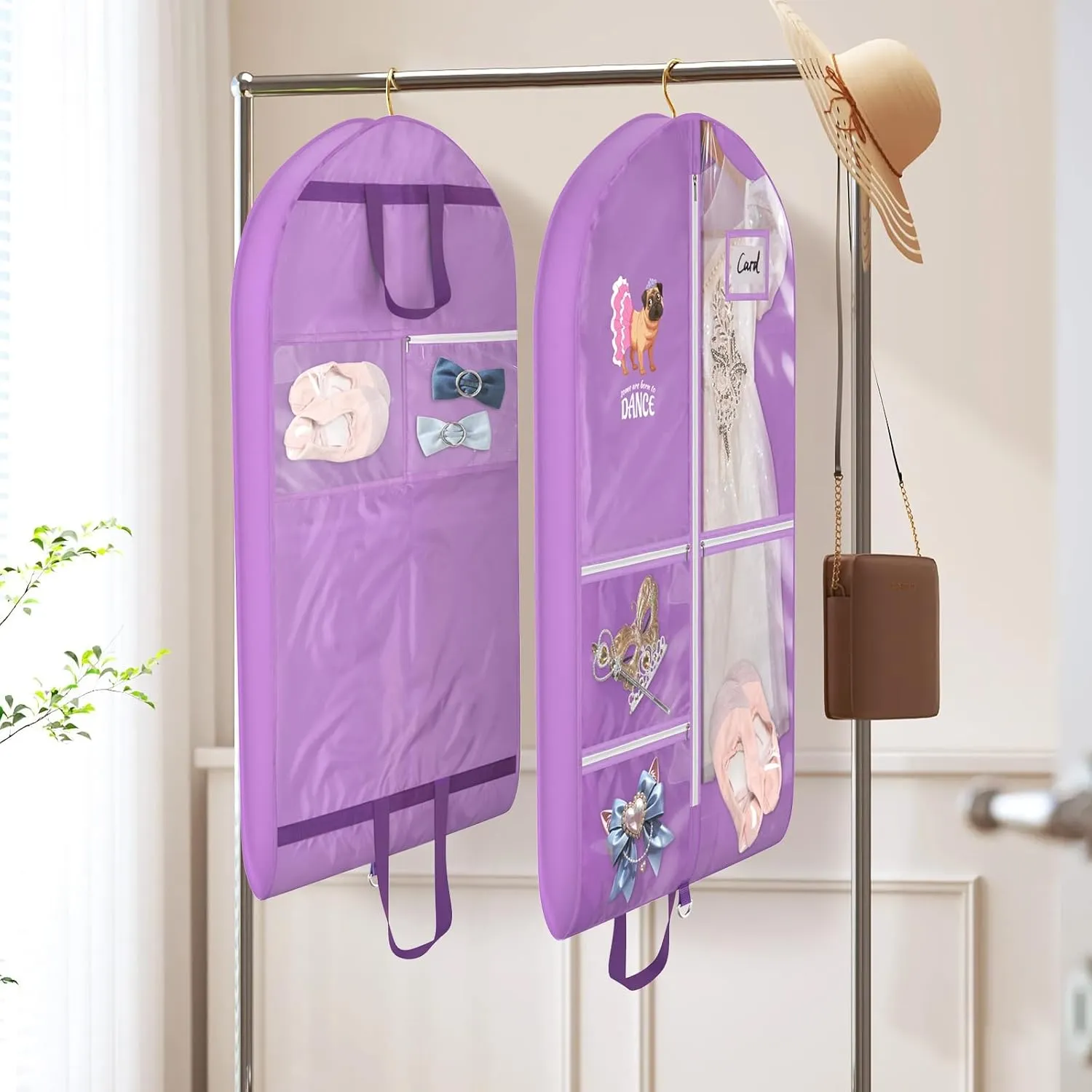 Univivi Dance Garment Bags for Dancers, 3" Gusseted Garment Bags for Dance Costumes with 5 Pockets, 40" Dance Garment Bag with Puppy Pattern for Dance Competitions and Travel (Purple)