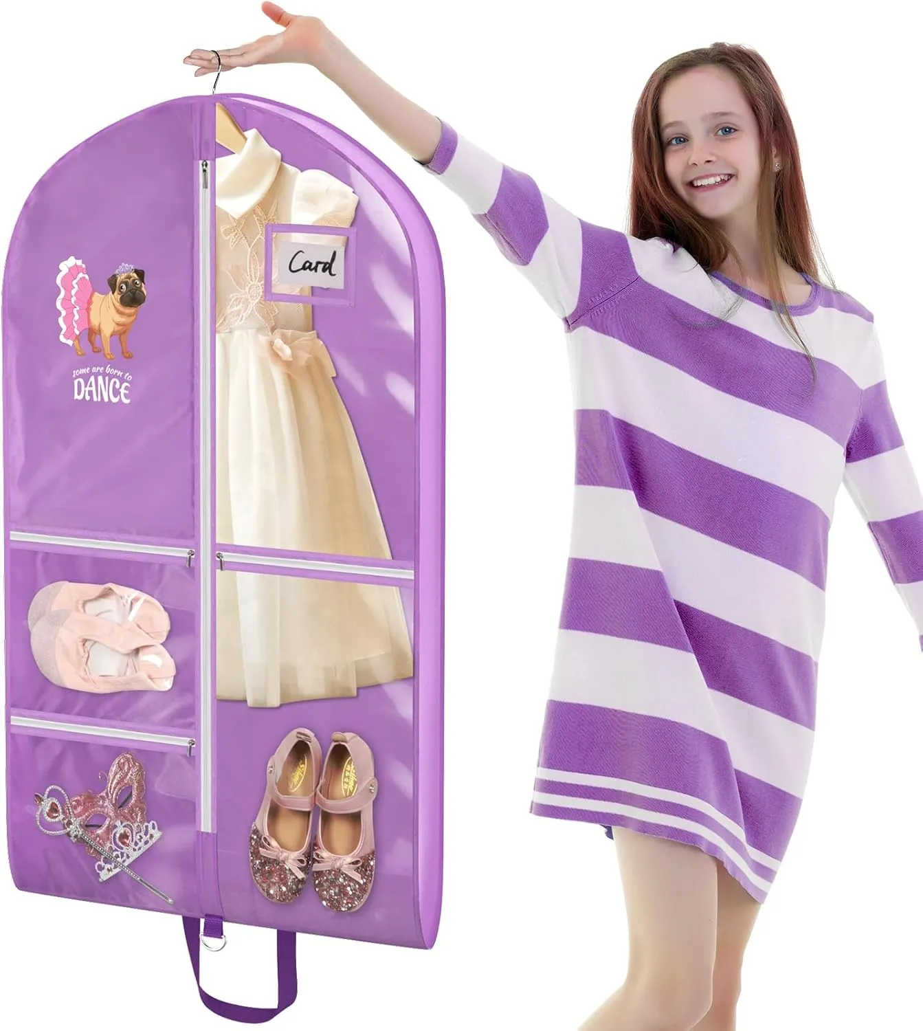 Univivi Dance Garment Bags for Dancers, 3" Gusseted Garment Bags for Dance Costumes with 5 Pockets, 40" Dance Garment Bag with Puppy Pattern for Dance Competitions and Travel (Purple)