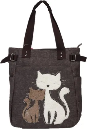 Valentoria Canvas Tote Handbag for Women Cute Cat Embroidery Shoulder Purse Large Zipper Travel Work Shopping Grocery Bags