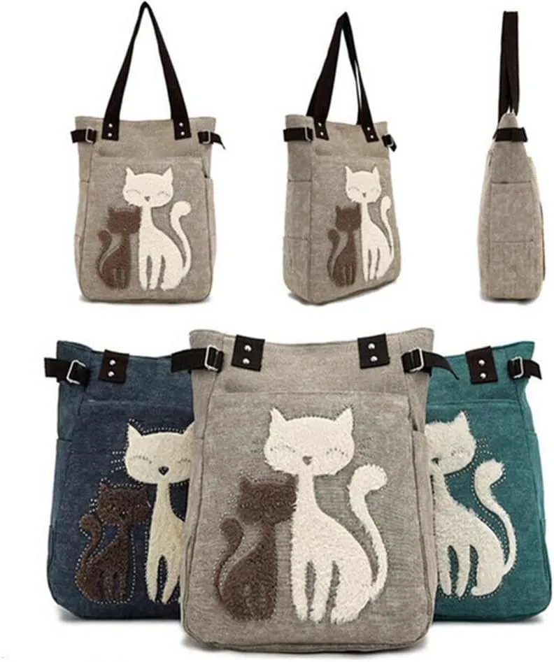 Valentoria Canvas Tote Handbag for Women Cute Cat Embroidery Shoulder Purse Large Zipper Travel Work Shopping Grocery Bags