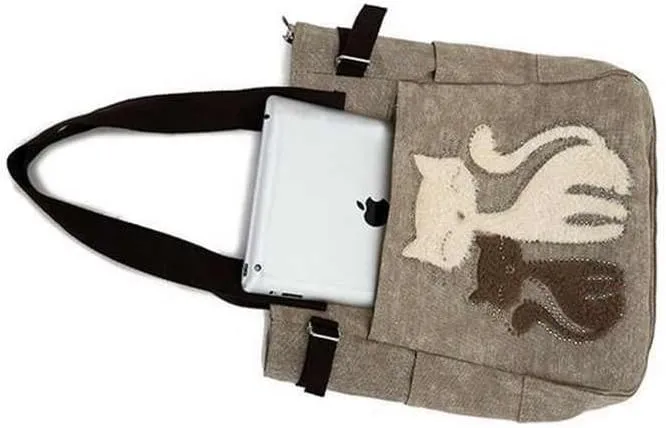 Valentoria Canvas Tote Handbag for Women Cute Cat Embroidery Shoulder Purse Large Zipper Travel Work Shopping Grocery Bags