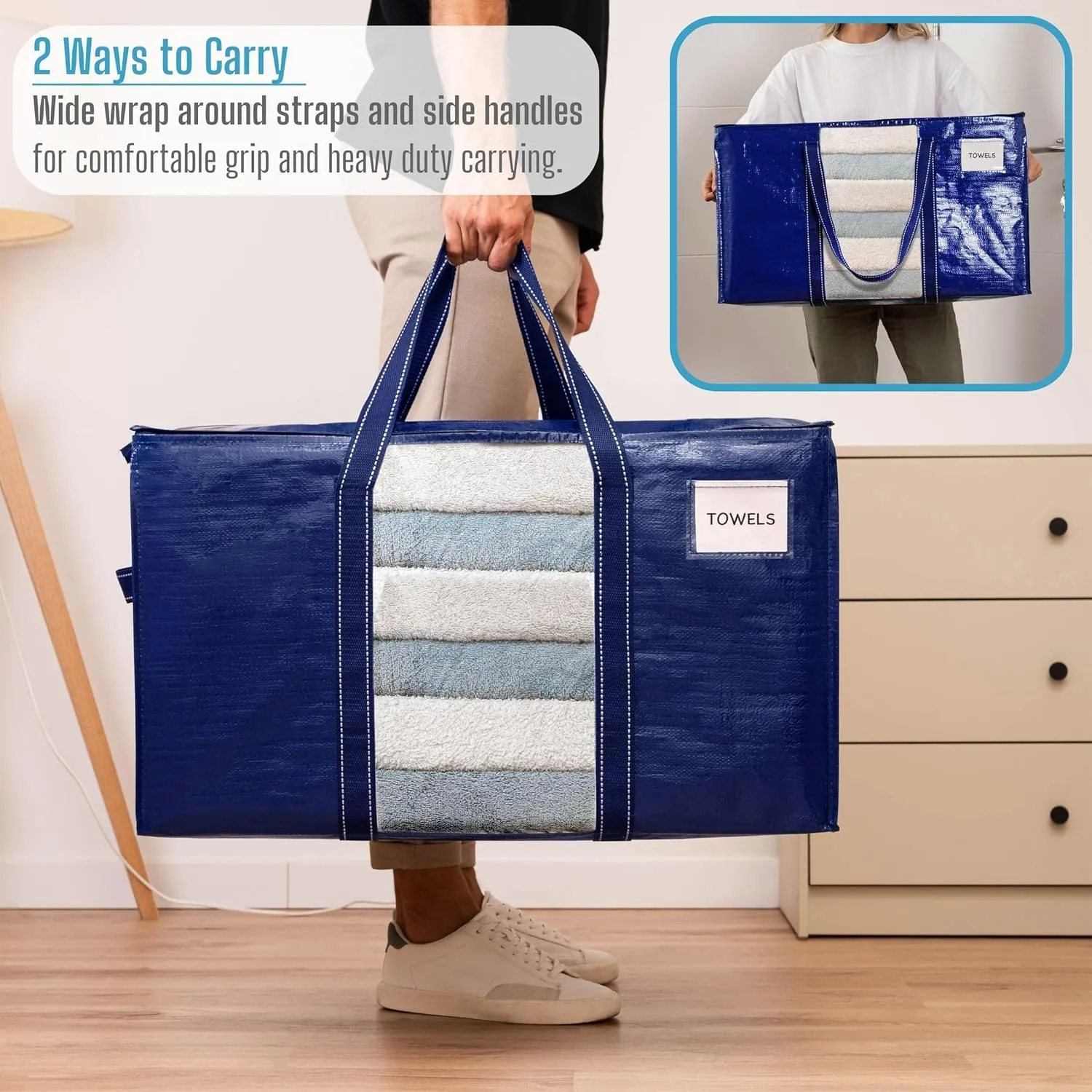 VENO 2 Pack Moving Bags, Moving Supplies, Moving Boxes, College Packing Storage Boxes with Lids Alternative, Heavy Duty Totes, Extra Large, Sturdy Handles, Zipper (Blue with Window, 2 Pack)