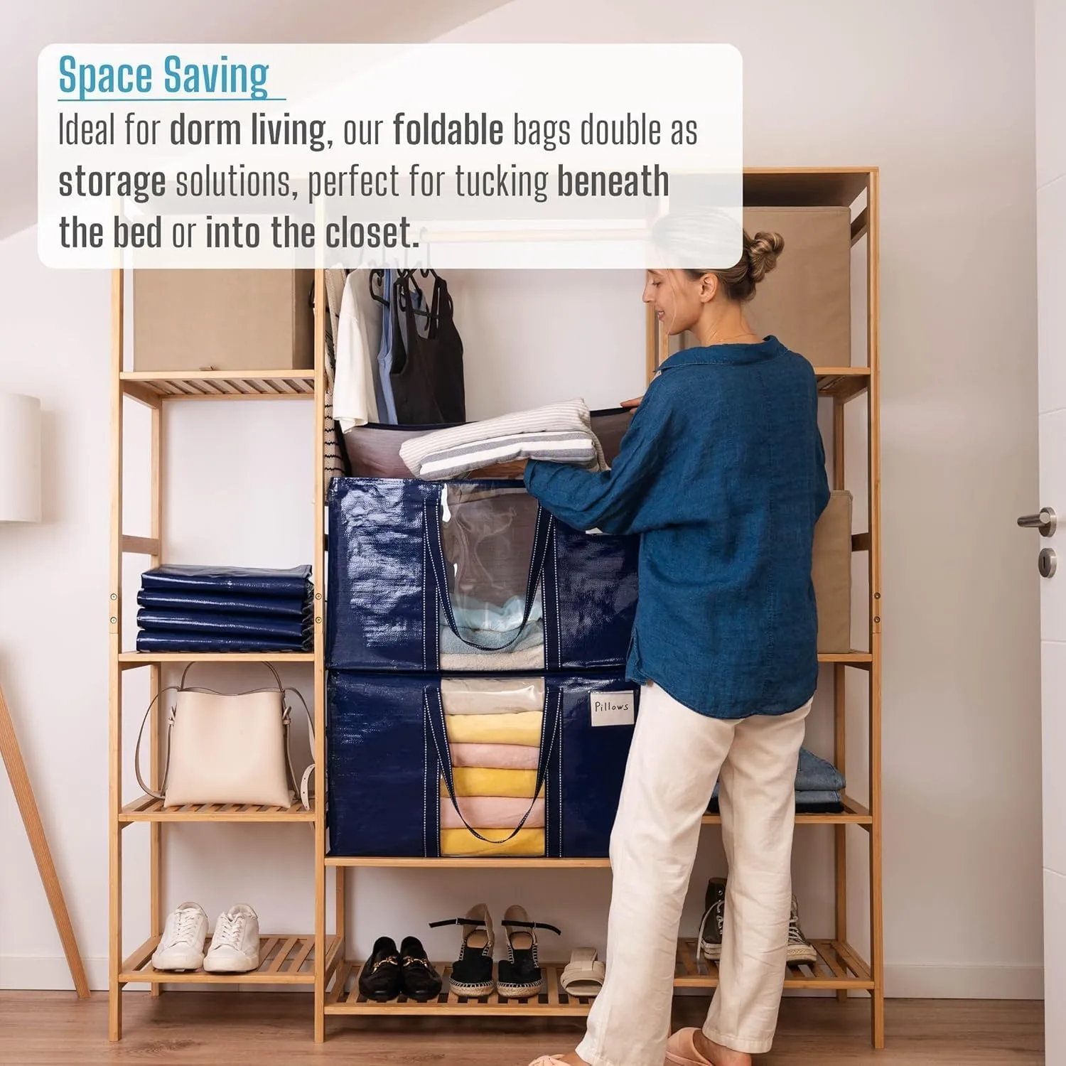 VENO 2 Pack Moving Bags, Moving Supplies, Moving Boxes, College Packing Storage Boxes with Lids Alternative, Heavy Duty Totes, Extra Large, Sturdy Handles, Zipper (Blue with Window, 2 Pack)