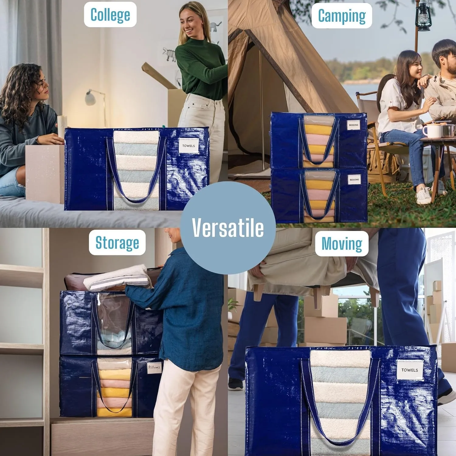 VENO 2 Pack Moving Bags, Moving Supplies, Moving Boxes, College Packing Storage Boxes with Lids Alternative, Heavy Duty Totes, Extra Large, Sturdy Handles, Zipper (Blue with Window, 2 Pack)