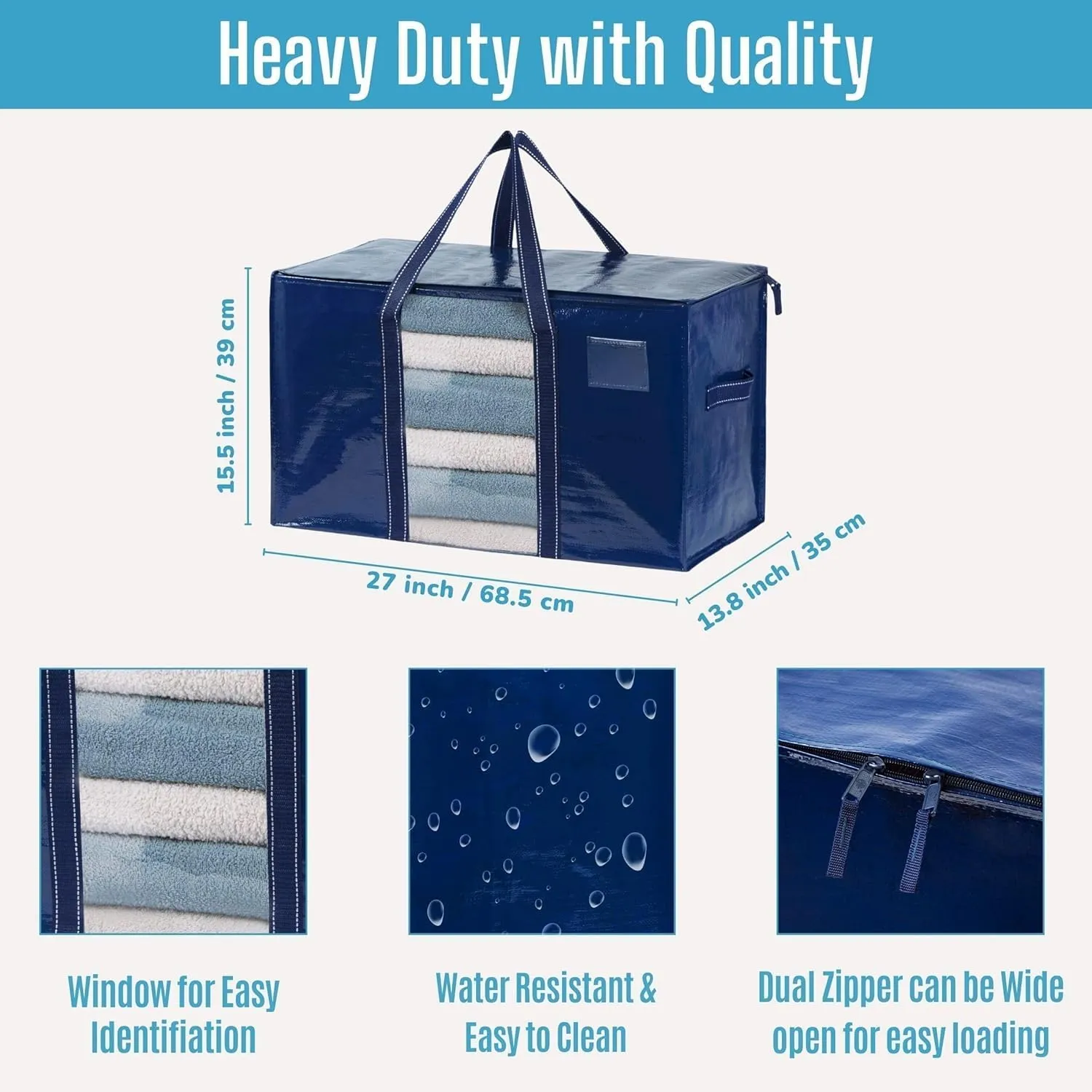 VENO 2 Pack Moving Bags, Moving Supplies, Moving Boxes, College Packing Storage Boxes with Lids Alternative, Heavy Duty Totes, Extra Large, Sturdy Handles, Zipper (Blue with Window, 2 Pack)