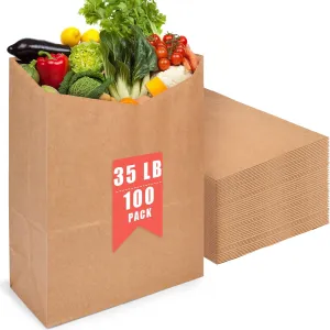 VGOODALL 100 Pack 35LB Brown Kraft Paper Grocery Bags, 13" x 6" x 16.5" Large Paper Bag Heavy Duty for Restaurant Retail Shopping Takeout