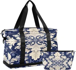 Vintage Ornamental Floral Gym Bag - Weekender Overnight Bags for Women Men, Sport Travel Duffel Bag with Wet Pocket & Shoe Compartment