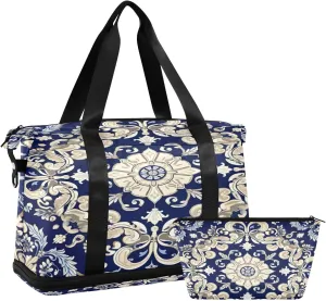 Vintage Ornamental Floral Sports Gym Bag,Travel Duffel bag with Wet Pocket & Shoes Compartment Lightweight Waterproof Overnight Bag for Men Women