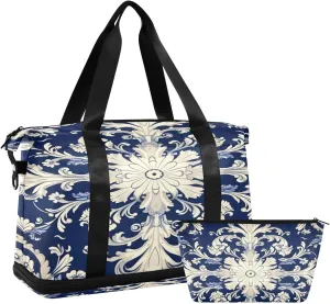 Vintage Ornamental Floral Sports Gym Bag,Travel Duffel bag with Wet Pocket & Shoes Compartment Lightweight Waterproof Overnight Bag for Men Women