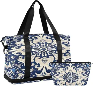 Vintage Ornamental Floral Sports Gym Bag,Travel Duffel bag with Wet Pocket & Shoes Compartment Lightweight Waterproof Overnight Bag for Men Women