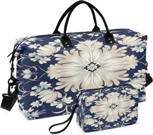 Vintage Ornamental Floral Travel Duffel Bag Large Capacity Weekender Bag with Toiletry Bag Detachable Shoulder Strap Travel Tote Bag for Women