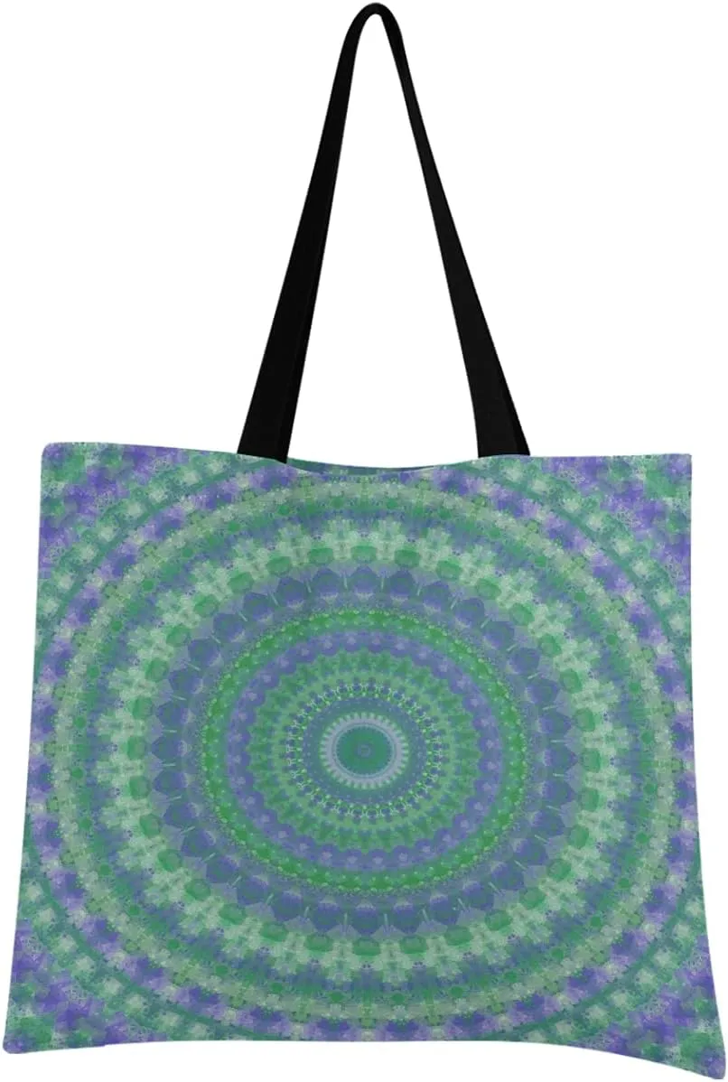 visesunny Women Extra Large Tote Bag Boho Hippie Blue Green Intricate Symmetrical Mandala Abstract Art Shoulder Bags Ladies Beach Travel Reusable Grocery Shopping Portable Storage Handbag